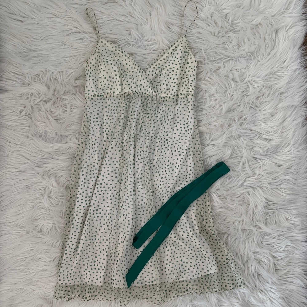 BETSEY JOHNSON White & Green Polka Dot Empire Waist Dress Kelly Green Satin Belt